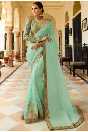 Light green Barfi silk saree Indian wedding saree double blouse