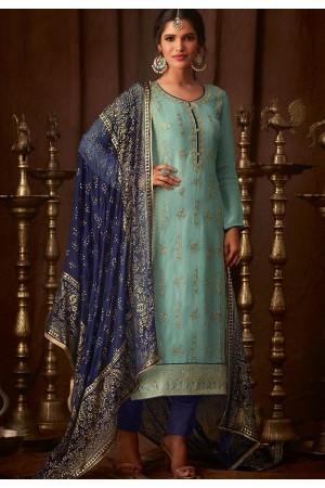 blue viscose embroidered straight trouser suit 76003