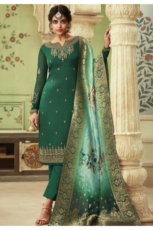 green shade satin georgette straight trouser suit 10702