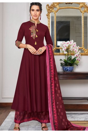 maroon muslin long palazzo suit 786