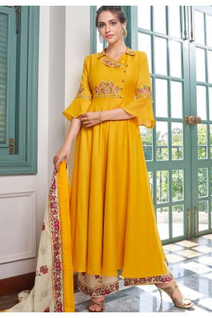 yellow muslin long palazzo suit 783