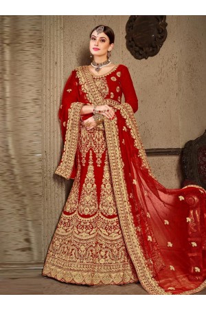 Red satin silk Indian Wedding lehenga choli 8003