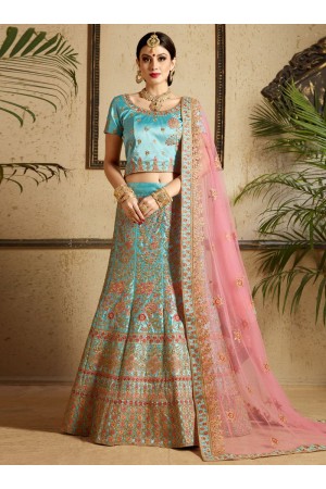 Sky blue satin wedding lehenga choli 1301