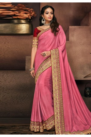 Pink satin party wear saree 10713