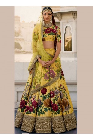 Bollywood Sabyasachi Inspired Yellow art silk bridal lehenga