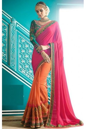 Pink teal green crepe silk wedding saree 7908