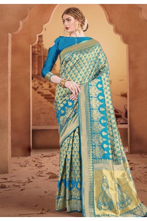 Aqua blue banarasi saree with blouse 60848