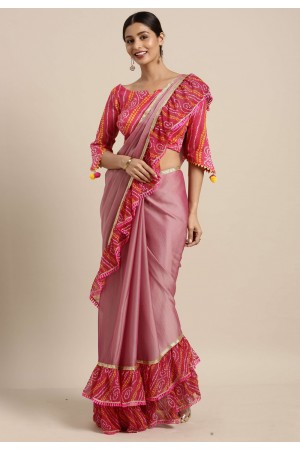 Pink chiffon ruffle border festival wear saree 60837