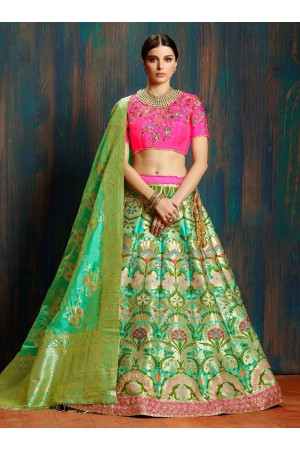 Green pink pure banarasi silk Indian wedding lehenga choli 62006