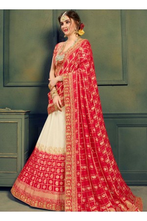 White and red color silk Indian wedding lehenga choli 608