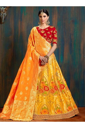 yellow and red pure banarasi silk Indian wedding lehenga choli 62004