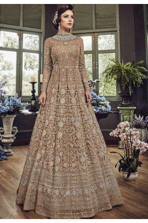 Beige Net Embroidered Long Designer Anarkali Suit 5810D