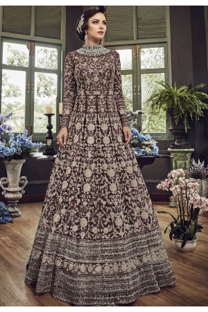 Brown Net Embroidered Long Designer Anarkali Suit 5810E