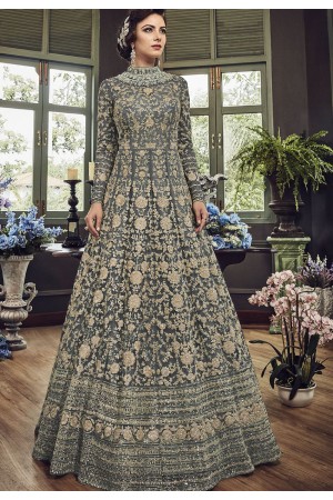 Grey Net Embroidered Long Designer Anarkali Suit 5810F