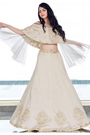 Off White Silk Lehenga Style Anarkali with Ponchu Sleeve 2508