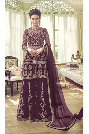 Wine shade butterfly net embroidery palazzo style pakistani suit 6002