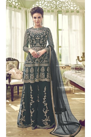 Grey shade butterfly net embroidery palazzo style pakistani suit 6002