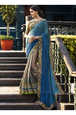 Grey crepe silk and chiffon wedding wear saree