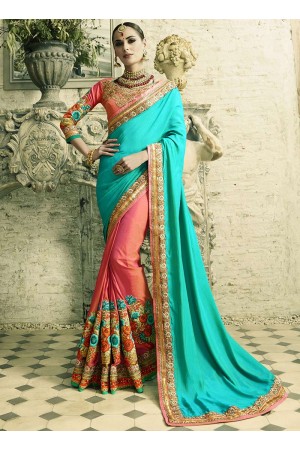 Blue and pink silk crepe and art silk wedding wear saree