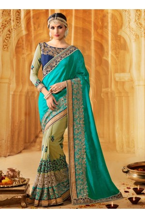 Turquoise art silk wedding wear saree