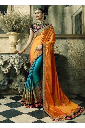 Yellow and blue crepe silk and satin crepe wedding wear saree
