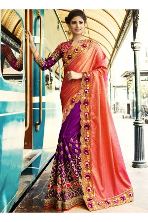 Pink and purple crepe silk and bangalori silk wedding wear saree