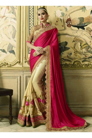 Pink and cream crepe satin and art silk wedding wear saree