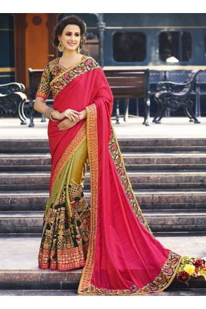 Pink and green bangalori silk crepe silk and velvet wedding wear saree