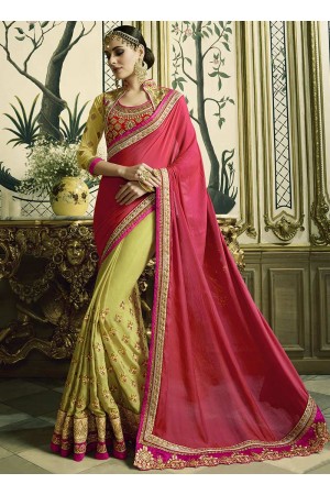 Pink and green silk crepe and satin georgette wedding wear saree