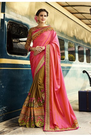 Mustard and pink crepe and silk wedding wear saree