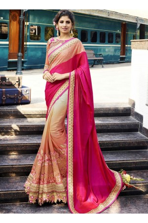 Peach and dark pink crepe silk and georgette wedding wear saree