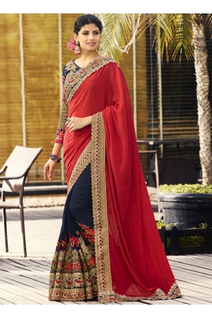 Red and navy blue pure chiffon and georgette wedding wear saree