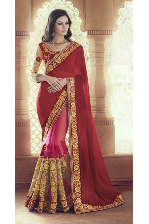 Party-wear-Red-Coral-Pink-color-saree