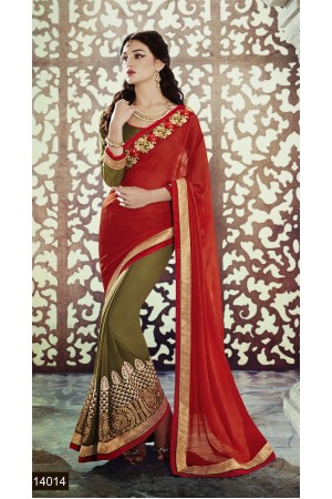 Party-wear-Orange-Mehndi-Green-color-saree