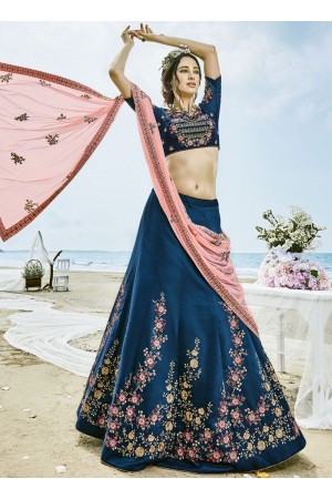 Blue and pink silk wedding lehenga