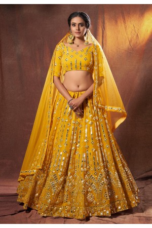 Yellow georgette mirror work lehenga choli 6316