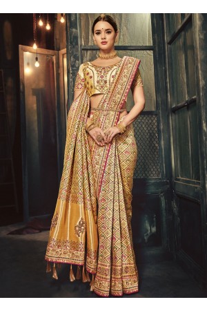 Gold and beige Banarasi pure silk wedding wear saree