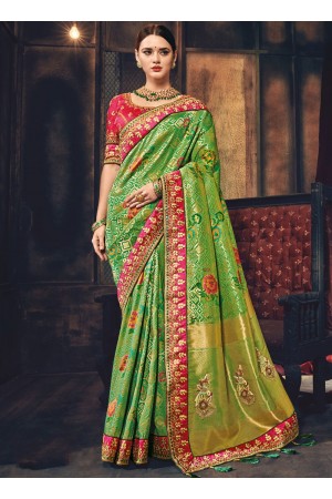 Green and pink Banarasi pure silk wedding wear saree