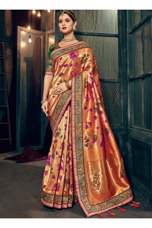 Peach and green Banarasi pure silk wedding wear saree