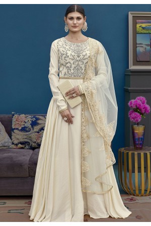 Off White Silk Floor Length Embroidered Indowestern Suit 10127