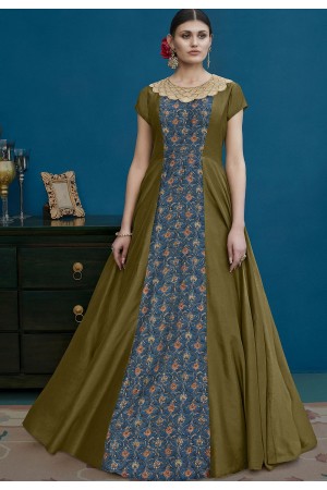 Olive Green and Blue Silk Long Anarkali Suit 10125