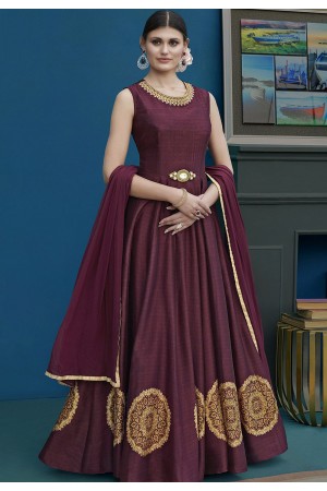 Wine Silk Long Embroidered Anarkali Suit 10126