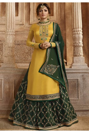 Yellow and Green Satin Georgette Lehenga and Churidar Designer Suit 3004