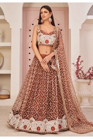 Brown net sequins work lehenga choli 9776