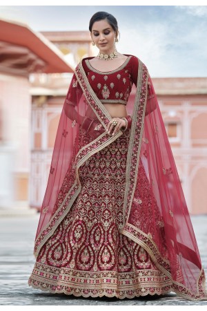 Maroon velvet embroidered bridal lehenga choli 8101