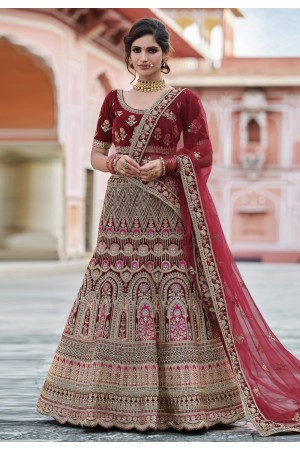 Maroon velvet embroidered bridal lehenga choli 8103