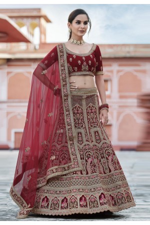 Maroon velvet embroidered bridal lehenga choli 8105