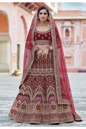 Maroon velvet embroidered bridal lehenga choli 8107