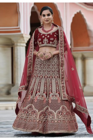 Maroon velvet embroidered bridal lehenga choli 8109