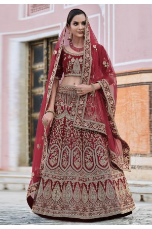 Maroon velvet embroidered bridal lehenga choli 8113